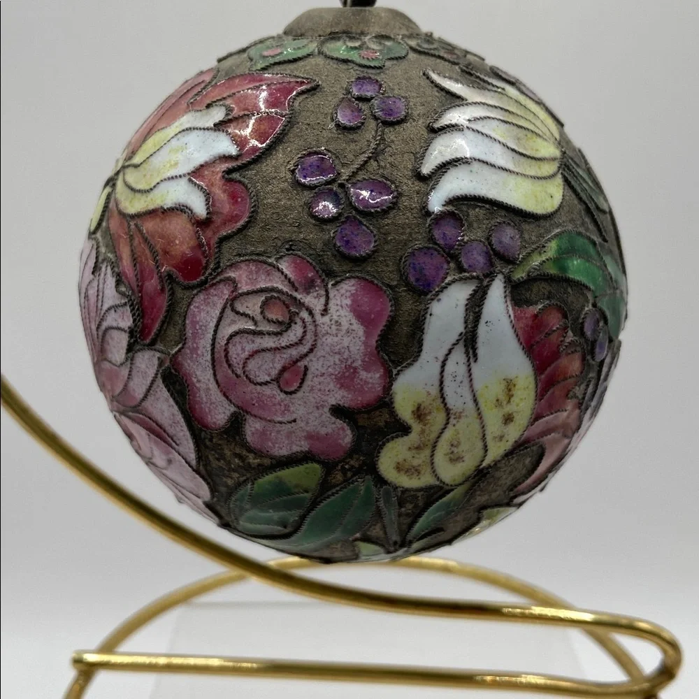 Vintage Enamel Cloisonné Egg Ornament With Ribbon Tie  And Stand